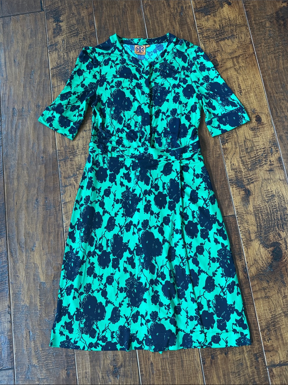 Tory Burch Green and Navy Floral Print Knee-Length Sheath Dress Size Small